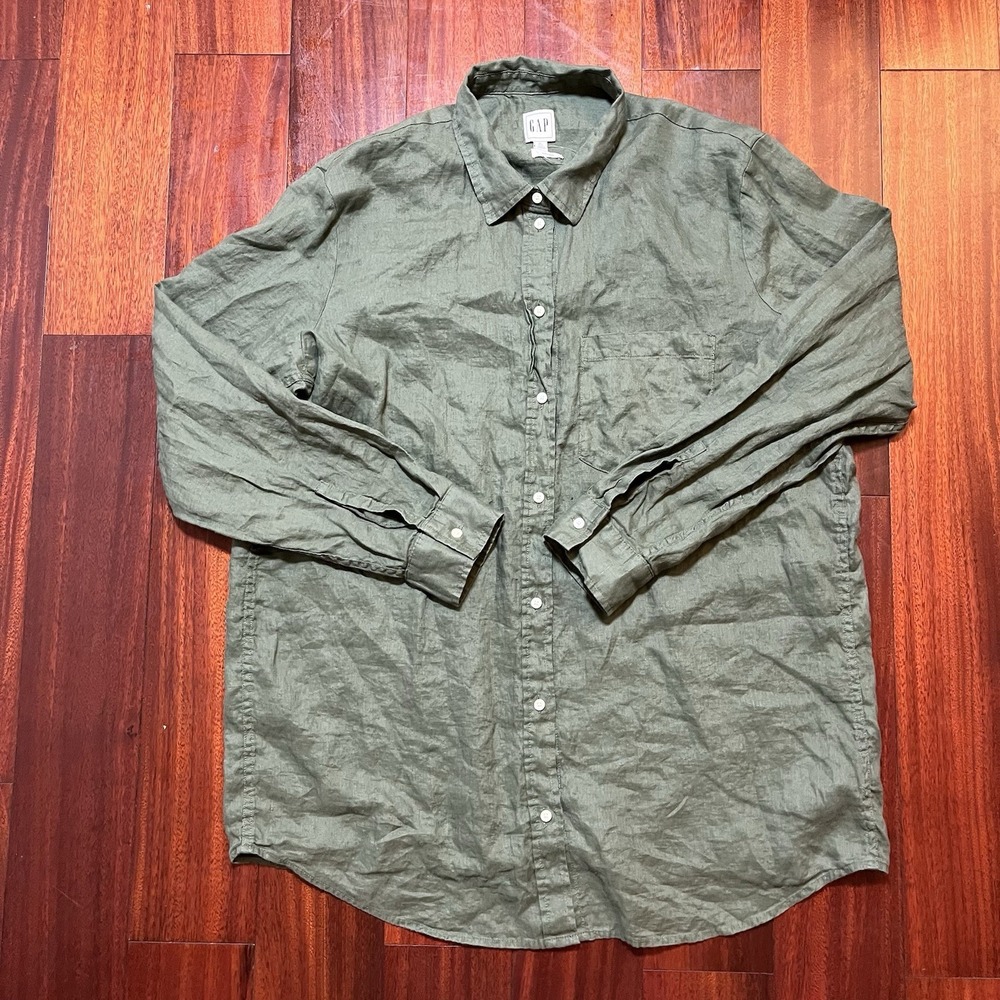 GAP Shirt Womens XLT TALL Olive Green 100% Linen Long Sleeve Button Up NWOT